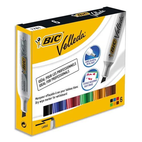 Illustration of product : BIC Velleda Feutres 1781 pour Tableau Blanc Effaçables à Sec Pointe Biseau Large - Couleurs Assorties x6 (1)