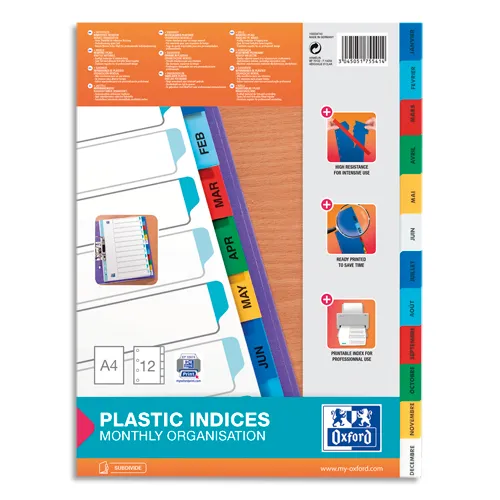 Illustration of product : OXFORD Intercalaire mensuel 12 positions en polypropylène 12/100e. Format A4. Coloris assortis (1)
