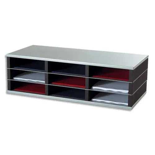 Illustration of product : PAPERFLOW Trieur 9 cases A4 élément départ R3 - Dimensions : L75 x H23,2 x P32,8 cm coloris Noir/alu (1)