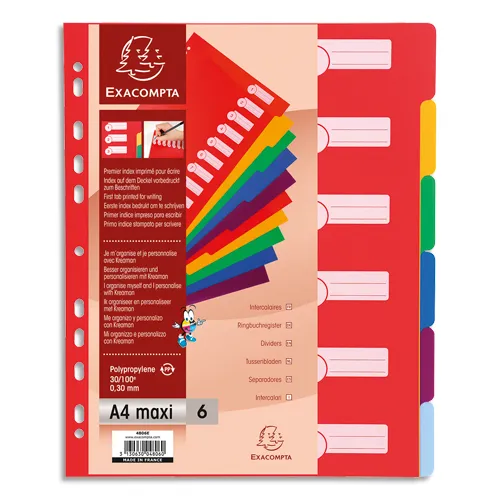 EXACOMPTA Jeu de 6 intercalaires polypro 3.5/10e format maxi A4+