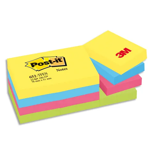 Illustration of product : POST-IT Lot de 12 blocs repositionnables coloris énergique dimensions 38x51mm 653TF (1)