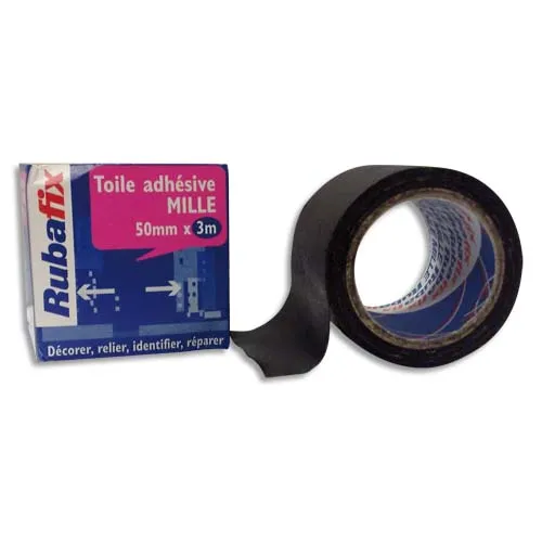 Illustration of product : RUBAFIX Toile adhésive MILLE, plastifiée et imperméable, rouleau de 50mmx 3m Noir (1)