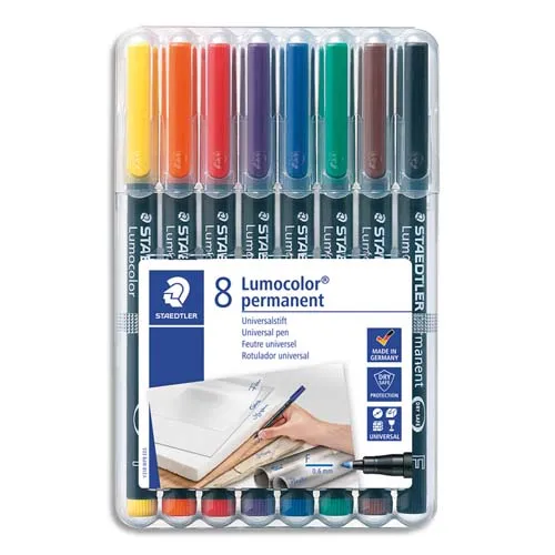 Illustration of product : STAEDTLER Pochette de 8 feutres pour rétroprojection pointe fine encre permanente assortis LUMOCOLOR (1)