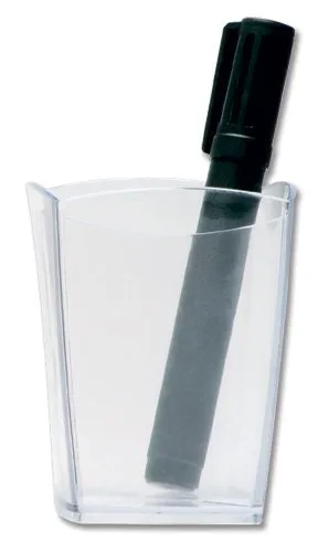 Illustration of product : Pot à crayons en polystyrène, 100% recyclable. Dim (l x h x p) : 7,4 x 9,5 x 7,4 cm. Coloris cristal (1)