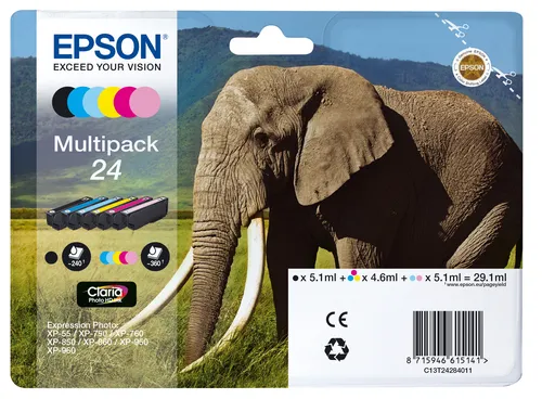 Illustration of product : EPSON Cartouche d encre 24, noir Claria Photo HD encre et cinq couleurs capacité standard 29.1ml 1-pack blister sans alarme (1)