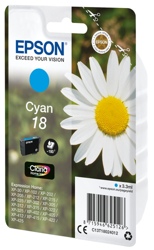 Illustration of product : EPSON 18 cartouche dencre cyan capacité standard 3.3ml 180 pages 1-pack blister sans alarme (2)