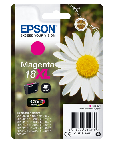 Illustration of product : EPSON 18XL cartouche dencre magenta haute capacité 6.6ml 450 pages 1-pack blister sans alarme (1)