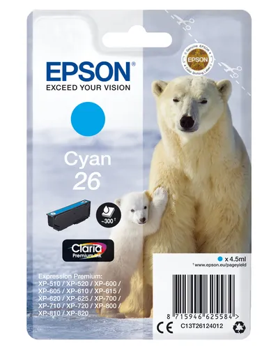 Illustration of product : EPSON 26 cartouche dencre cyan capacité standard 4.5ml 300 pages 1-pack blister sans alarme (1)