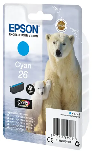 Illustration of product : EPSON 26 cartouche dencre cyan capacité standard 4.5ml 300 pages 1-pack blister sans alarme (2)