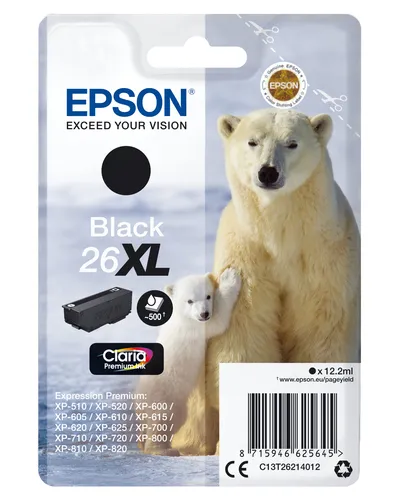 Illustration of product : EPSON 26XL cartouche d encre noir haute capacité 12.2ml 500 pages 1-pack blister sans alarme (1)