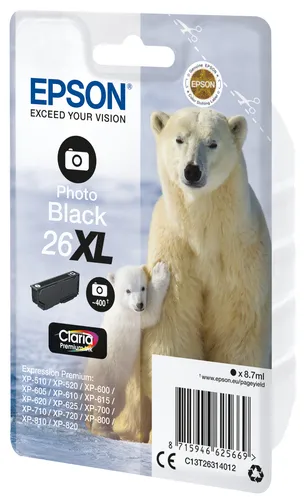 Illustration of product : EPSON 26XL cartouche dencre photo noir haute capacité 8.7ml 400 photos 1-pack blister sans alarme (2)