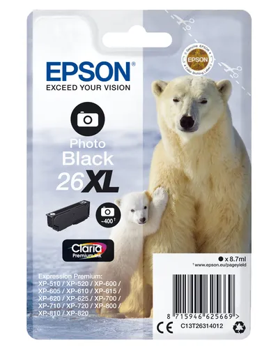 Illustration of product : EPSON 26XL cartouche dencre photo noir haute capacité 8.7ml 400 photos 1-pack blister sans alarme (1)