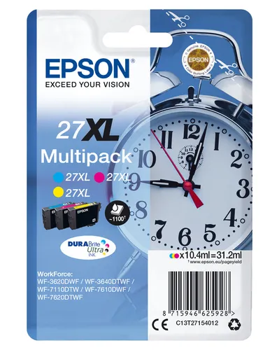 Illustration of product : EPSON 27XL cartouche d encre cyan, magenta et jaune haute capacité 3x10.4ml 3 x 1.100 pages combopack sans alarme - DURABrite (1)