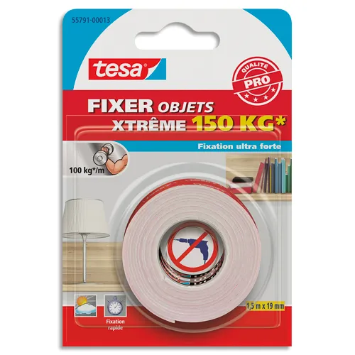 Illustration of product : TESA Adhésif double face ultra fort format 5mx19mm pour fixer en intérieur et extérieur jusqu&#039;à 500kg. (1)