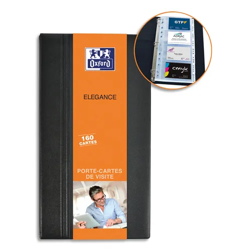 Illustration of product : OXFORD Classeur porte-cartes de visite ELEGANCE 160 cartes. Livré avec 20 pochettes. Format 16x29cm. Noir (1)