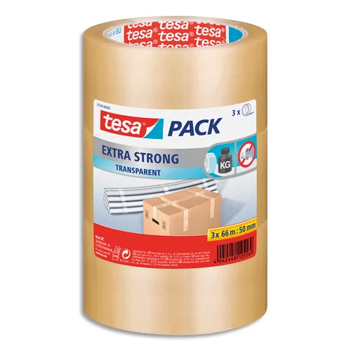 Illustration of product : TESA Lot de 3 Adhésifs d&#039;emballage Extra Strong en PVC, 52 microns - H50 mm x L66 mètres Transparent (1)
