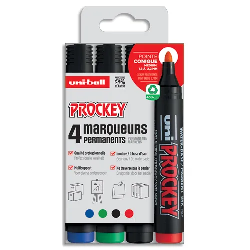 Illustration of product : UNI-BALL 4 marqueurs permanents pointe ogive encre pigmentée à base d'eau 4 couleurs UNI PROCKEY PM122 (1)