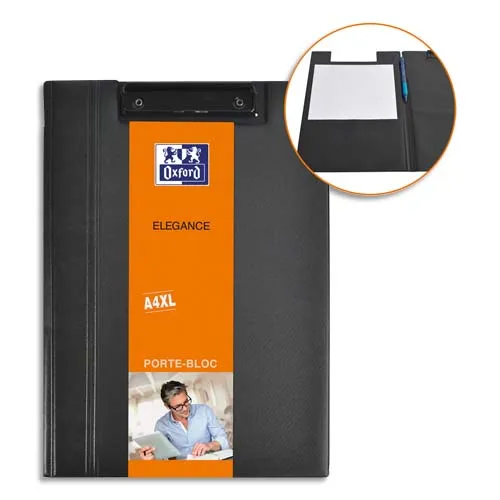 Illustration of product : OXFORD Porte-bloc à rabat ELEGANCE en PVC expansé. Pince métallique pour maintenir le bloc. Coloris Noir (1)