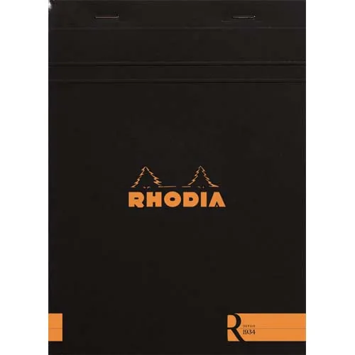 Illustration of product : RHODIA Bloc coloR agrafé en-tête 14,8x21cm (n°16) 140 pages lignées. Couverture rembordée Noire (1)