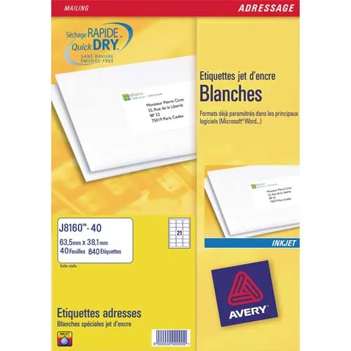 Illustration of product : AVERY Boîte de 2100 étiquettes Jet d'encre format 63,5x38,1mm (1)