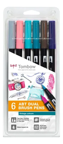 Illustration of product : TOMBOW Set de 6 Feutres-pinceau ABT Dual Brush Pen assortis Vintage, encre à base d&#039;eau, aquarellables (1)