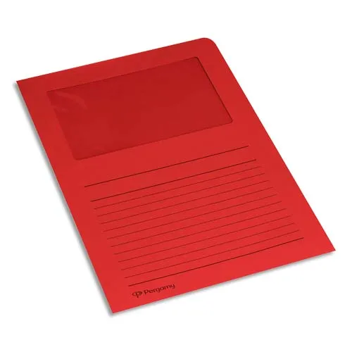 Illustration of product : PERGAMY Paquet 100 pochettes coin en carte 120g avec fenêtre. Dimensions 22 x 31 cm. Coloris Rouge (1)
