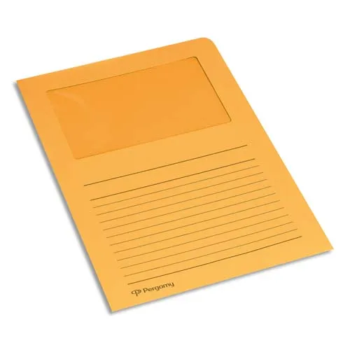 Illustration of product : PERGAMY Paquet 100 pochettes coin en carte 120g avec fenêtre. Dimensions 22 x 31 cm. Coloris Orange (1)