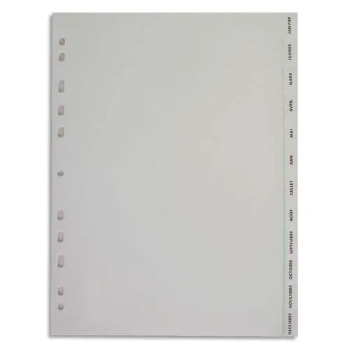 Illustration of product : PERGAMY Jeu 12 intercalaires mensuels Janvier-Décembre polypropylène format A4. Coloris Blanc (1)