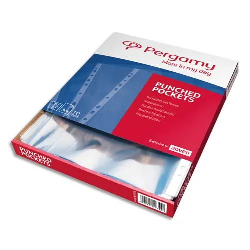 Illustration of product : PERGAMY Boîte 100 pochettes perforées polypropylène grainé 12/100ème format A4. Coloris incolore (1)