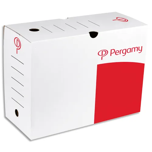 Illustration of product : Lot de 25 - PERGAMY Boîte archive dos 20 cm. Montage manuel. Kraft ondulé. Blanc imprimé rouge (1)
