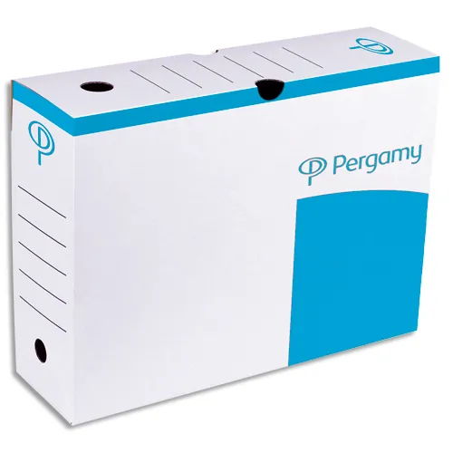Illustration of product : Lot de 25 - PERGAMY Boîte archive dos 10 cm. Montage manuel. Kraft ondulé. Blanc imprimé bleu (1)