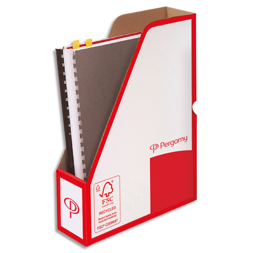 Illustration of product : Lot de 10 - PERGAMY Porte-revues dos 8 cm. Montage Manuel. Kraft ondulé. Blanc imprimé rouge (1)