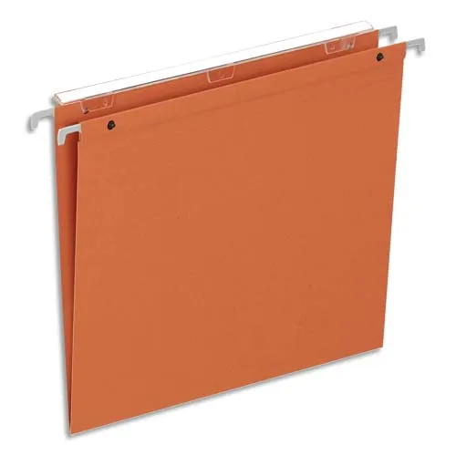 Illustration of product : Boîte de 25 dossiers suspendus TIROIR, kraft 220g. Fond V, volet agrafage+pression. Coloris Orange (1)