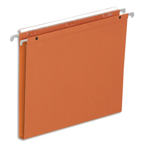 Illustration of product : Boîte de 25 dossiers suspendus TIROIR, kraft 220g. Fond 15, volet agrafage+pression.Coloris Orange (1)