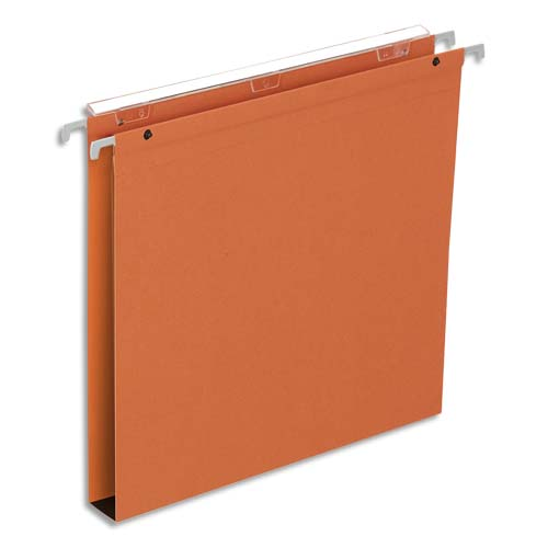 Illustration of product : Boîte de 25 dossiers suspendus TIROIR, kraft 220g. Fond 30, volet agrafage+pression.Coloris Orange (1)