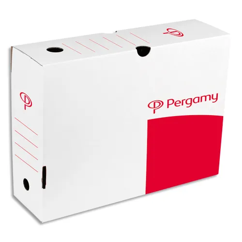 Illustration of product : Lot de 10 - PERGAMY Boîte archive dos 10 cm. Montage automatique. Kraft ondulé. Blanc imprimé rouge (1)