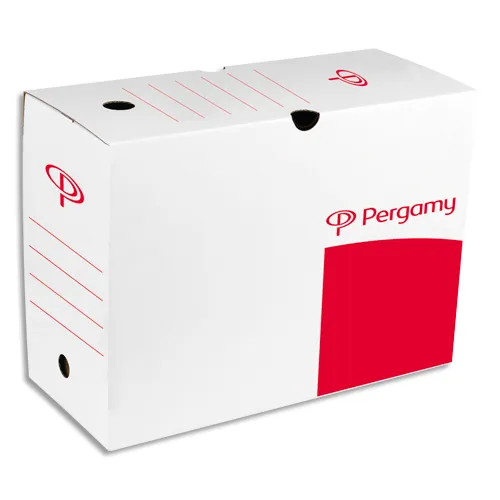 Illustration of product : Lot de 10 - PERGAMY Boîte archive dos 20 cm. Montage automatique. Kraft ondulé. Blanc imprimé rouge (1)