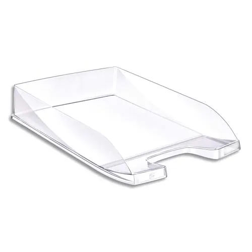 Illustration of product : Corbeille à courrier polystyrène 100% recyclable. Jusqu'au format A4+ Dim (lxhxp) 35x6,5x25,5 cm. Cristal (1)