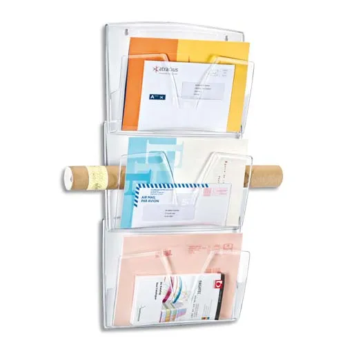 Illustration of product : Trieur mural 3 corbeilles polystyrène, 100% recyclable. Jusqu'à A4+. Dim (lxhxp): 36,1x71,8x8,6cm Cristal (1)