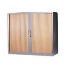 MT INTERNATIONAL Armoire basse métal monobloc Corps silver/Rideaux hêtre 2 tablettes - Dim. 120x105x43 cm